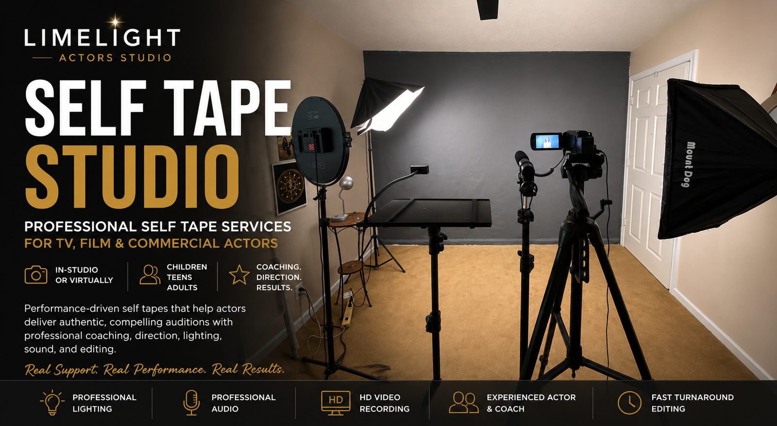Limelight Self Tape Studio with professional lighting, camera and backdrop